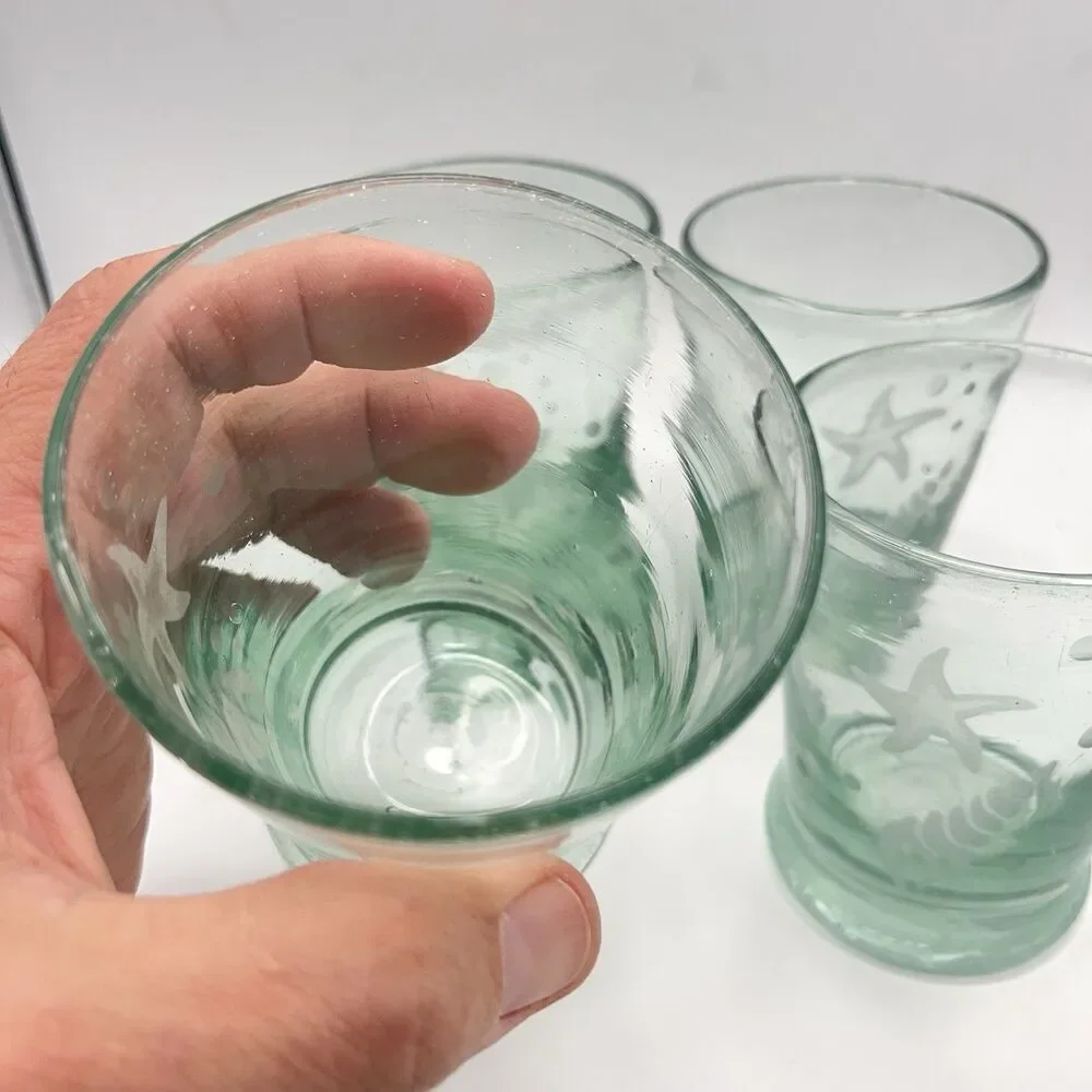 Set Of 4 Hand Blown Green Glass Etched Starfish Shell 8 oz 4” Heavyweight Bottom